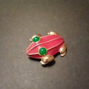 Donald Stannard Gold Tone Red Enamel Green Eye Frog Brooch Pin